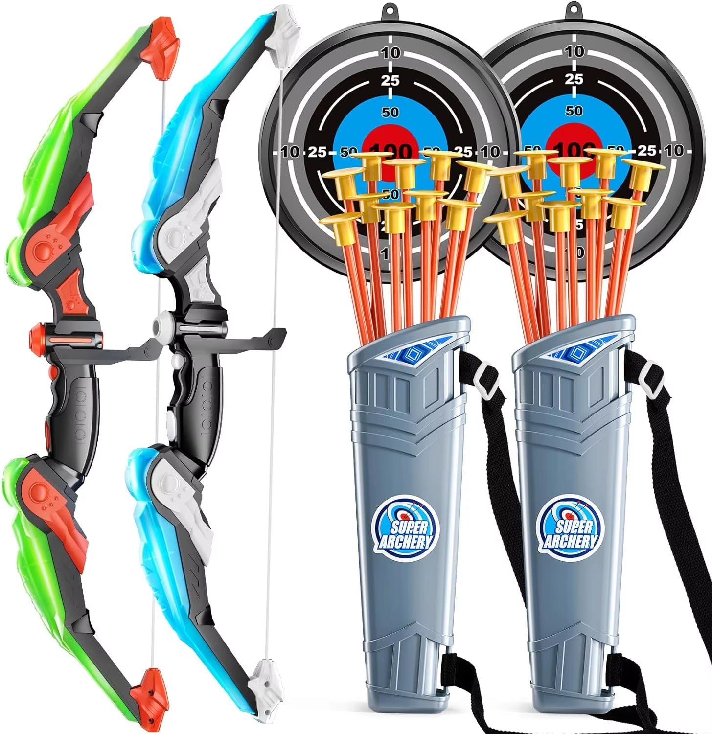 Kids Bow and Arrow Set, LED Light up Archery Toys Set for Kids Ages 4-8 8-12, with 10 Suction Cup Arrows, Target & Quiver, Boys
